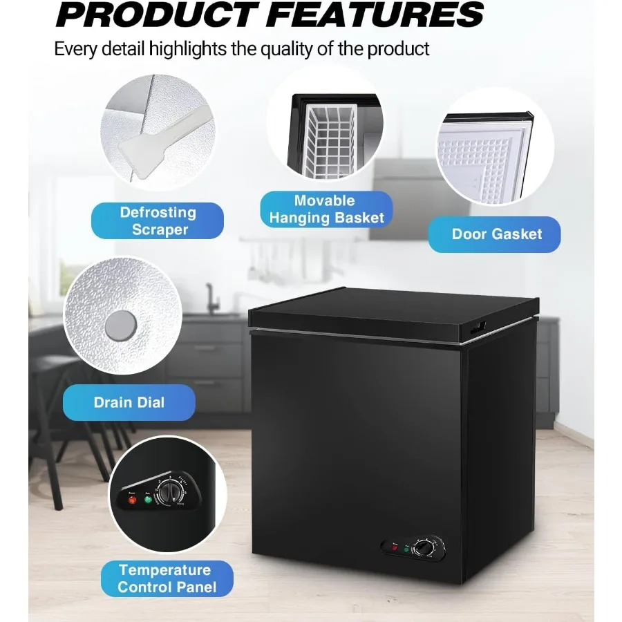 فريزر عميق مدمج 5.0 قدم مكعب مع سلة تخزين قابلة للإزالة و7 مستويات لدرجة الحرارة ترموستات فريزر صغير أسود مفتوح