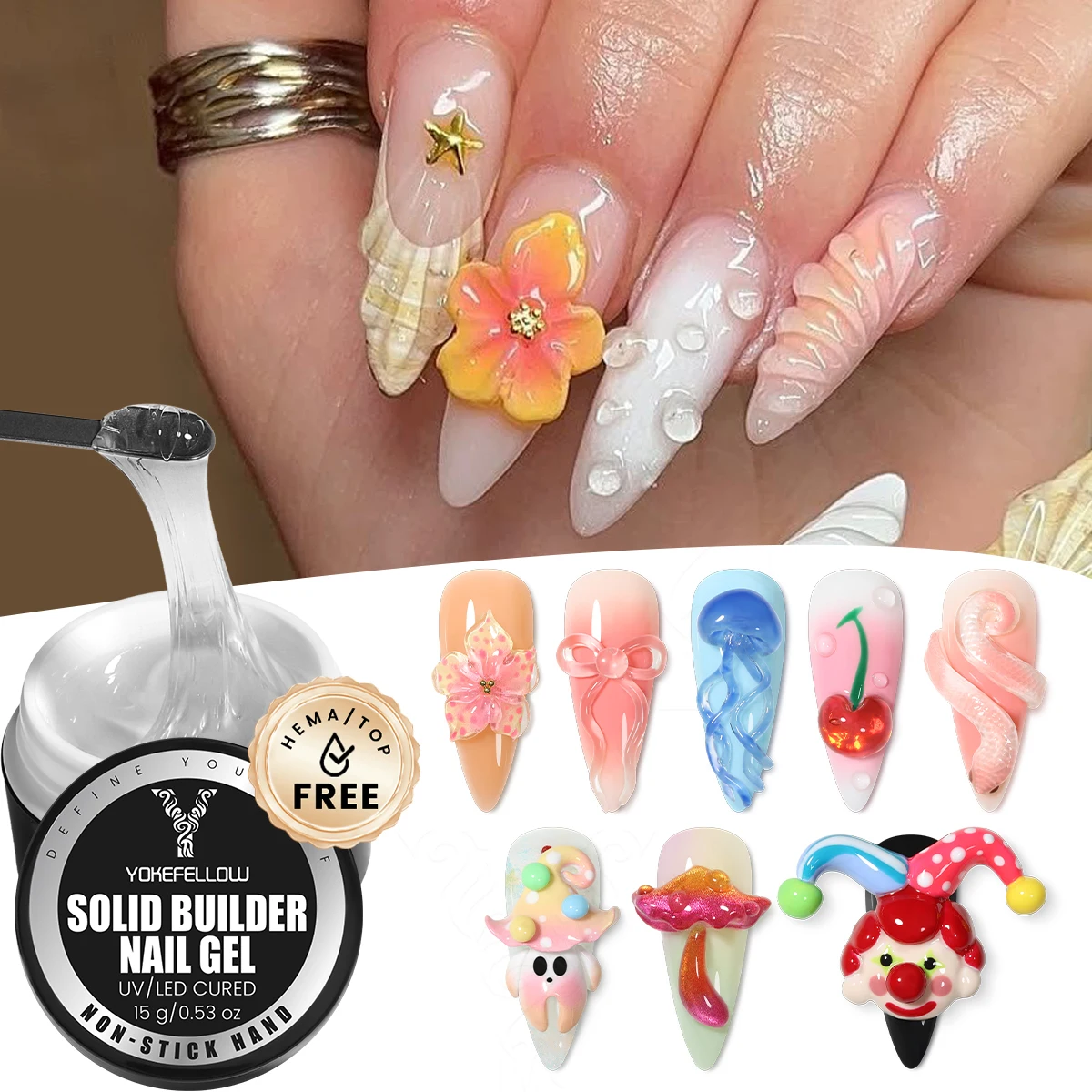 NEU YOKEFELLOW Solid Builder Nagelgel HEMA TPO Free 15g Clear 3D Sculpture Gel Nagellack Antihaft-Handskulptur Hartgel