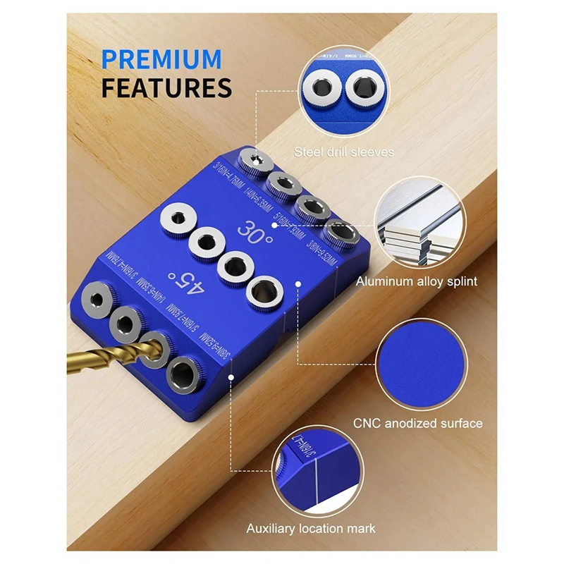 30 45 90 Degree Angle Drill Guide Jig, Drill Jig For Angled Holes And Straight Hole With 4 Sizes Steel Drill Bits Easy Install