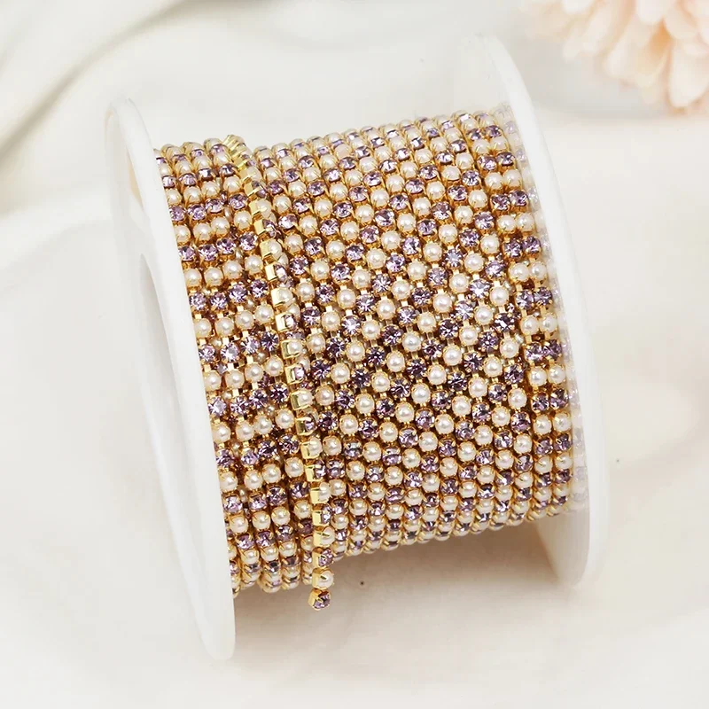 2mm Gold Pearl Rhinestone Cup Chain Ribbon Glass Dense Colorful Rhinestone Pearl Chain Trim Apparel Cup Chain For DIY Garments