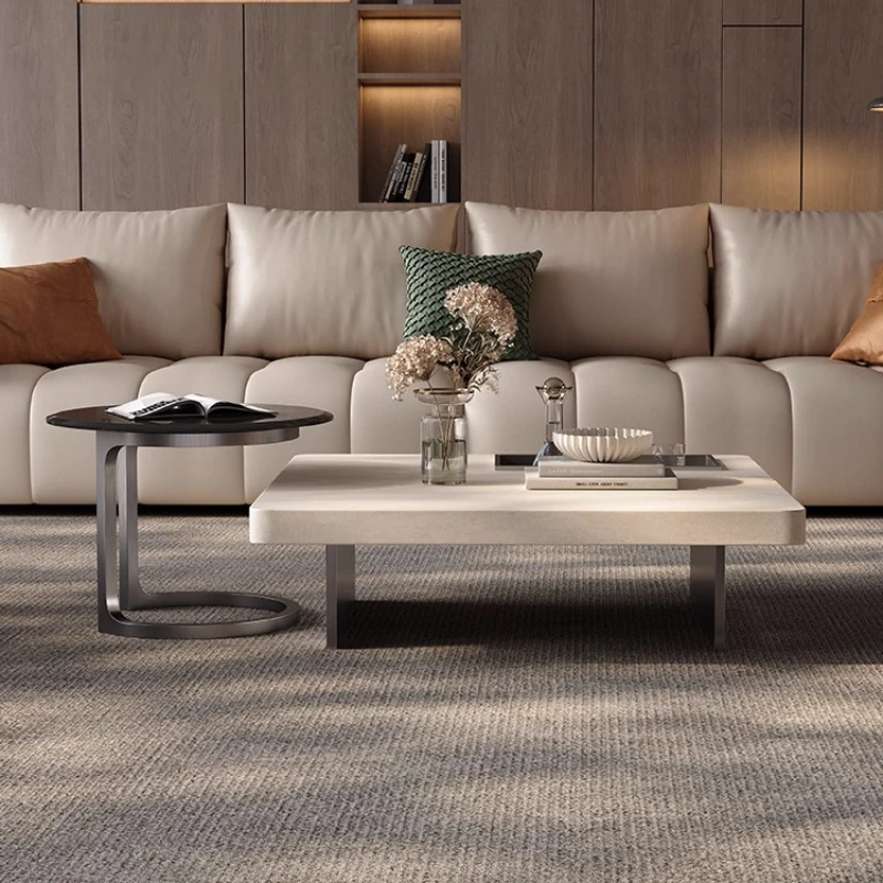 Off-white travertine rock slab coffee table living room high-end Italian minimalist high-end coffee table