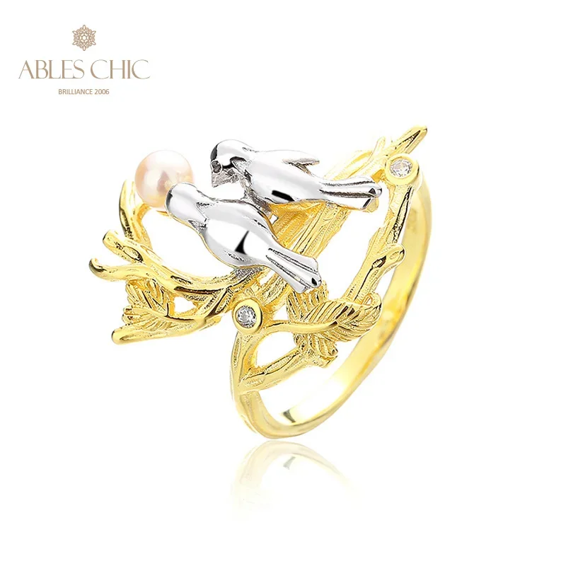 

AC 5A Freshwater Pearl 3.5-4mm Accent Birds on a Twig 18K Gold Two Tone Solid 925 Silver Ring RN1018