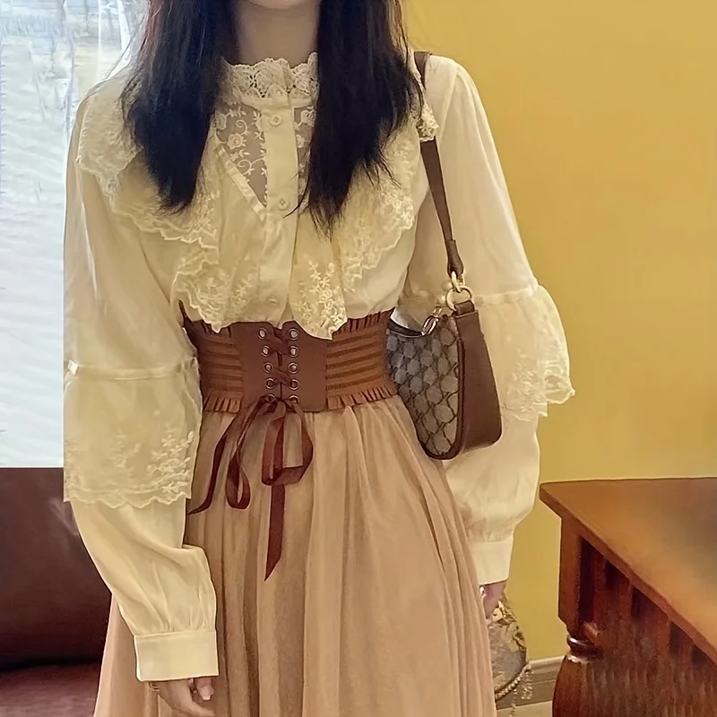 Cinture larghe con volant eleganti Cintura waspie classica con lacci in tinta unita Cintura elastica vintage Cintura per cappotto casual per donna