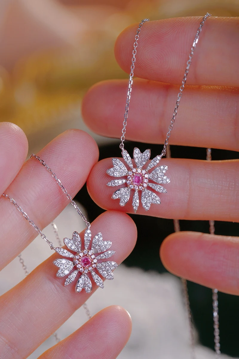 KUGG 100% 18K White Gold Necklace Romantic Daisy Shape Real Natural Pink Diamond Pendant Necklace for Women High Wedding Jewelry