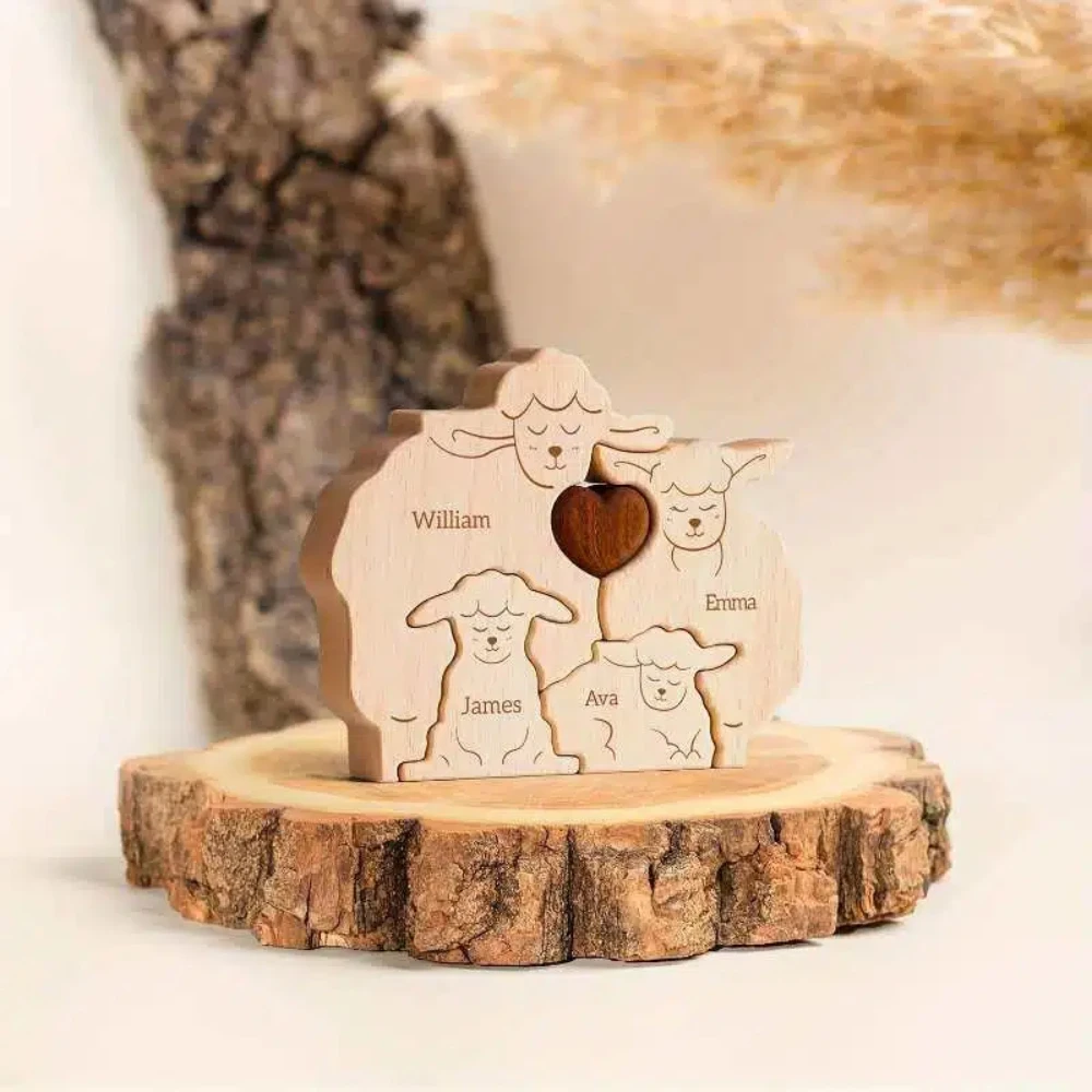 Personalized Wooden Sheep Family Puzzle, Custom Sheep Figurines, Wooden Animal Puzzle, DIY Name Puzzle, Father's Day Gift