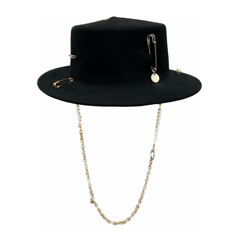 2023 new arrival black wool hat for women European and American fedora piercing canotier hat