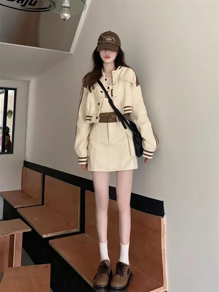 Hikigawa Chic Fashion Women 3 Sets Spring Striped Sweet Cool Y2k Baseball Clothes Jackets+Letter Camisole+High Waist Mini Skirt