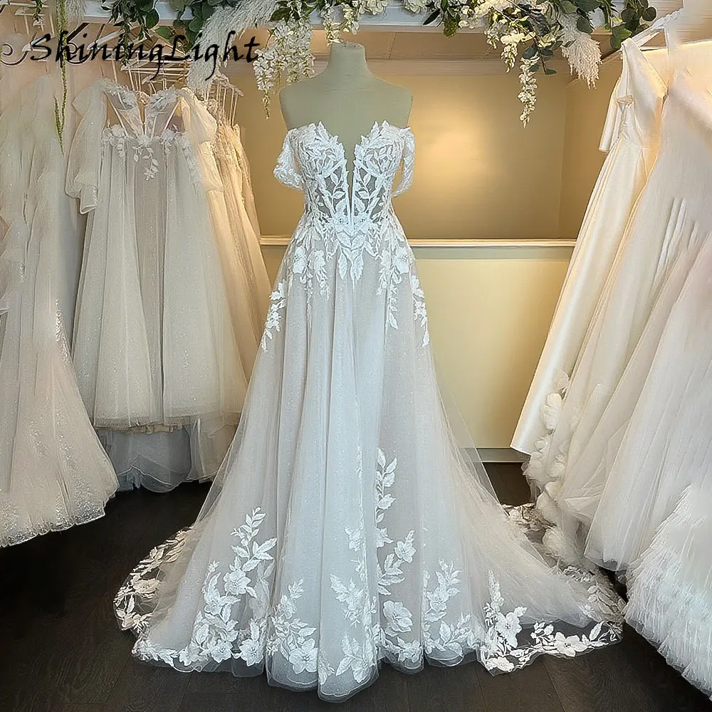 

ShiningLight Off Shoulder Boho Wedding Dress for Bride Floral Appliques A-Line Bohemian Bridal Gowns Vestido De Noiva Customized