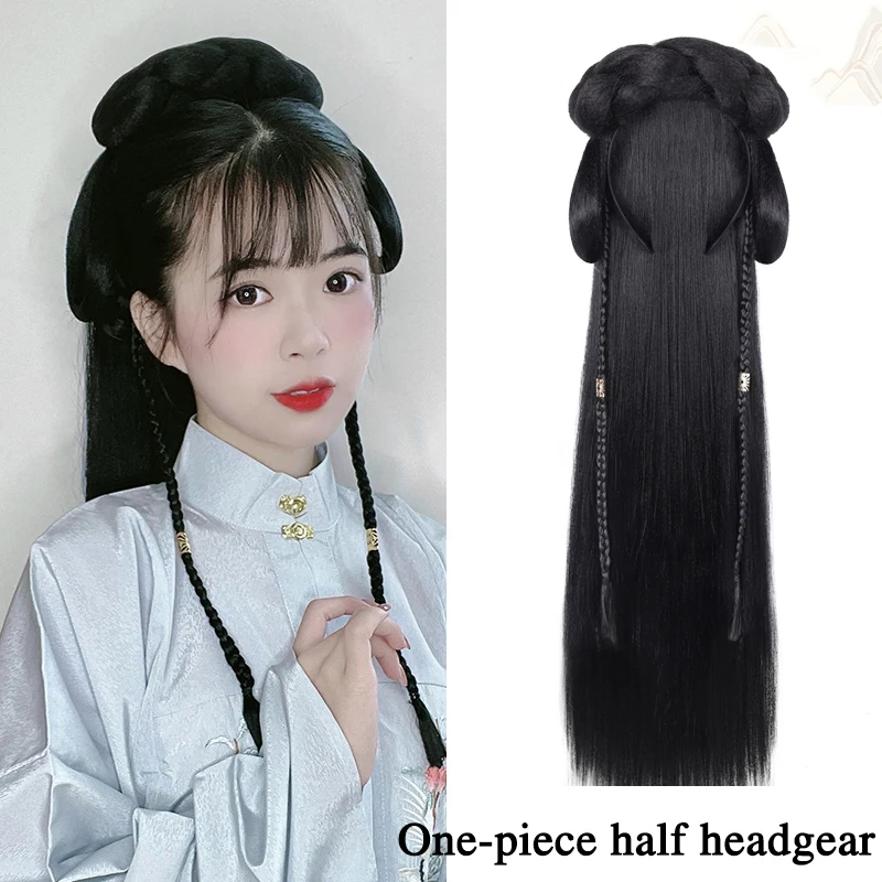 Pageup Hanfu Tóc Giả Tổng Hợp Đầu Nữ Phong Cách Trung Hoa Phần Lông Cổ Để Tạo Hình Cosplay Miếng Lót Tóc Accessorie Mũ Đội Đầu Đen