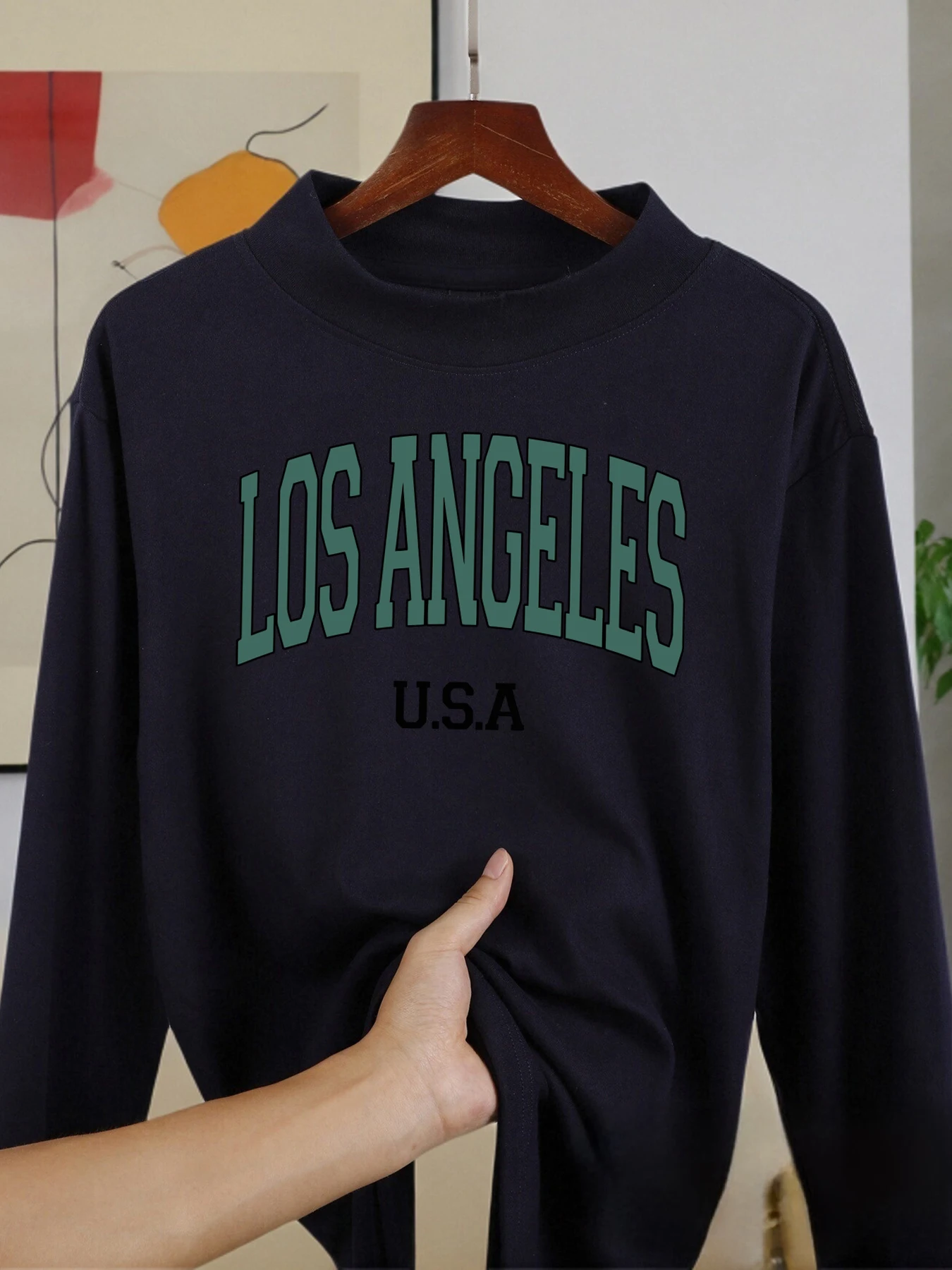 Los angeles eua carta camisa de manga comprida ajuste roupas casuais nova meia gola alta roupas veludo velo quente outono topos