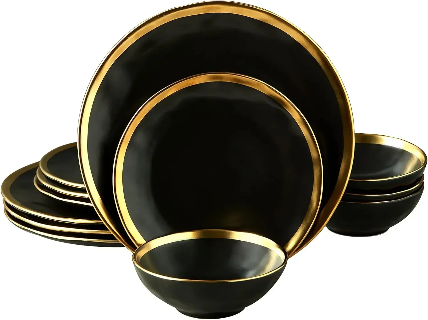 Matte Black Plates and Bowls Sets,12 Piece Dinnerware Sets Service for 4,Dishes,Round Plates, Bowls,Golden Rim Dish Set for Home