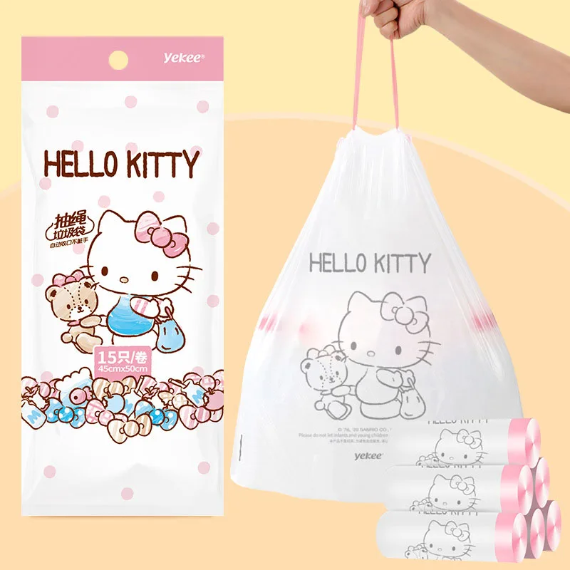 Sanrio Kawaii Hello Kitty Trash Bag Anime Cartoon Household Kitchen Living Room Printed Large Capacity Drawstring Tough Bin Bag