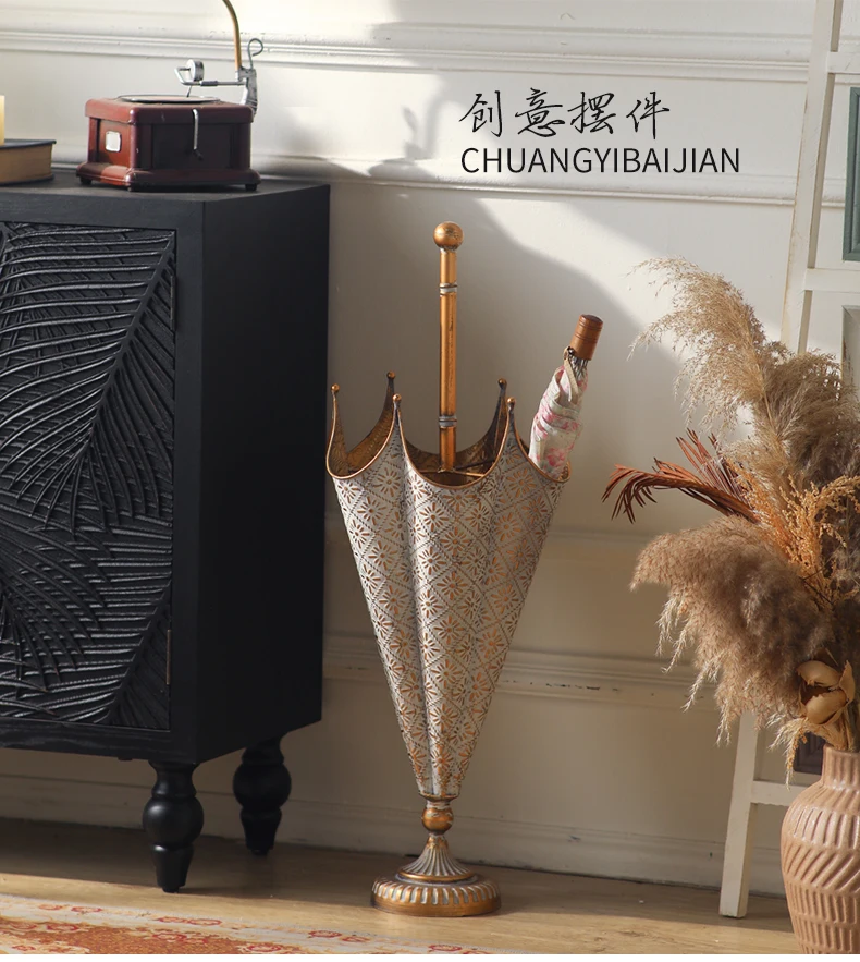 Luxurious Vintage Umbrella-Shaped Metal Umbrella Stand, Distressed and Worn Umbrella Holder, Home Entryway Decorative Storage Organizer