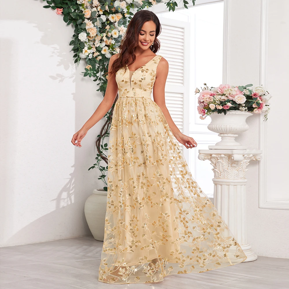 

Новое золотое вечернее платье с v-образным вырезом и кружевной вышивкой для свадебной вечеринки, элегантное женское платье на Рождество, день рождения