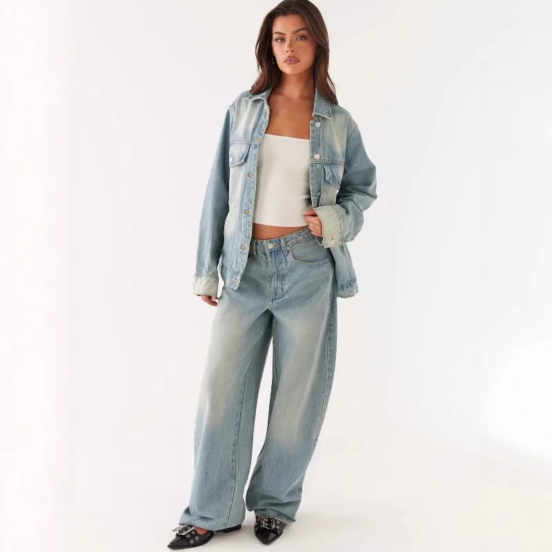 

2026 весенне-осенний винтажный джинсовый костюм-двойка, женские повседневные джинсовые комплекты, потертая куртка, прямые брюки, свободные комплекты из 2 предметов