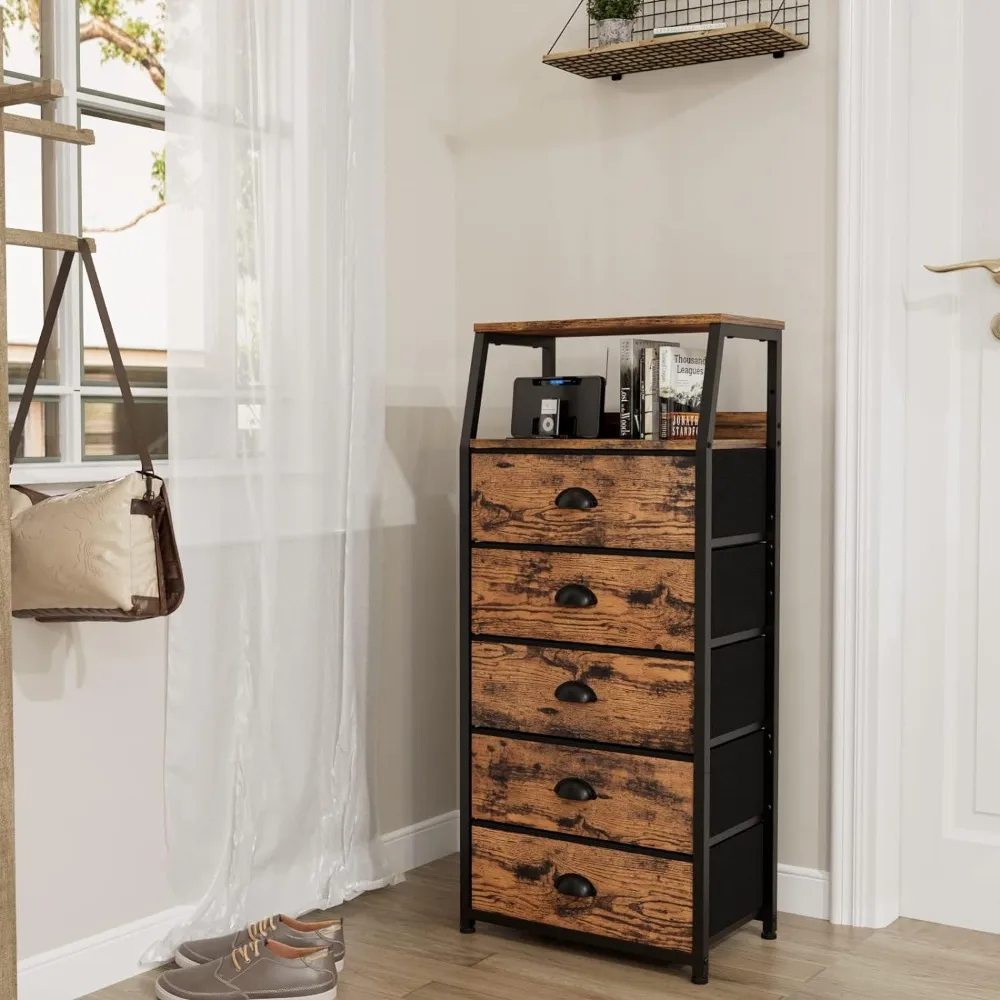 High 5-drawer dresser, bedroom, hallway, organizer, fabric dresser, bedside table, sturdy steel frame, wooden countertop