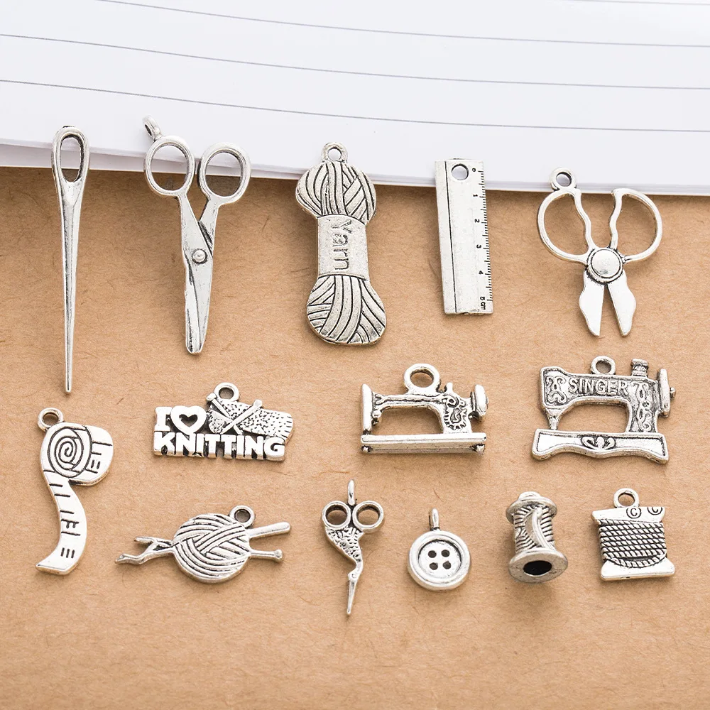 إكسسوارات فضية من سبائك DIY، المعلقات، المقص، ملحقات سلسلة ماكينة الخياطة، المواد