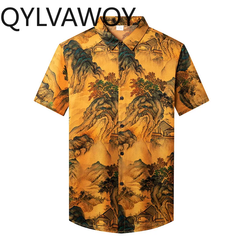 

QYLVAWOY 100% Real Mulberry Silk Men's Shirts Summer High-end Shirt Short Sleeve Thin Tops Summer Lapel Menswear Clothing Retro