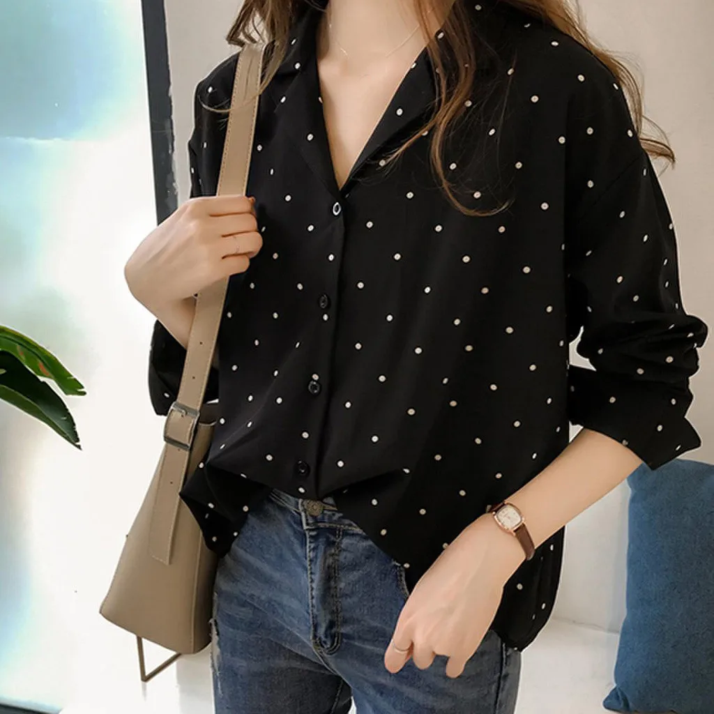 Women Polka Dot Blouse Elegant Korean Fashion Long Sleeve V-Neck Tops Shirts & Blouses Women'S Autumn Clothing Blusas Para Mujer