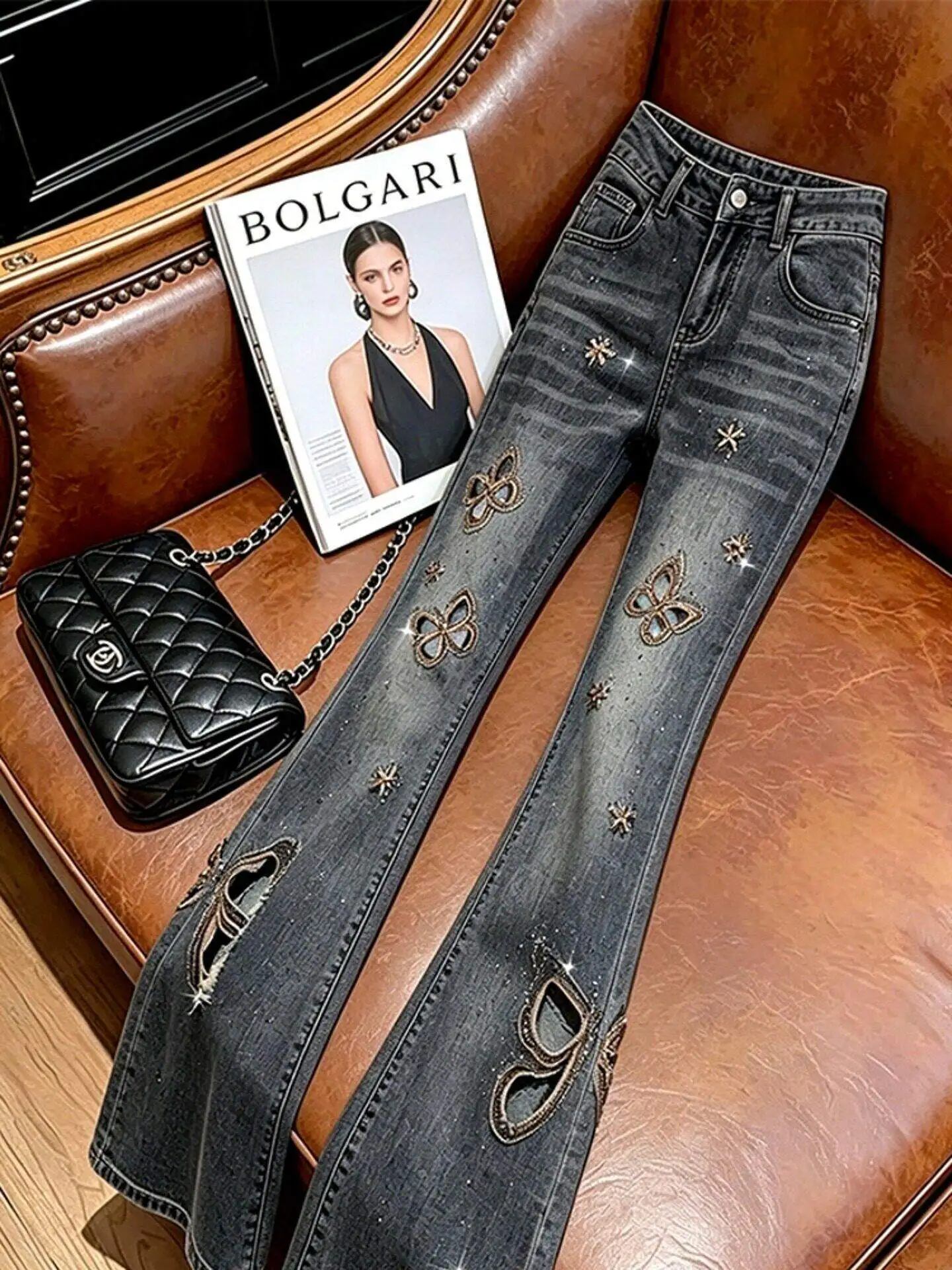 Black Heavyweight  Hollow out Micro Flare Jeans Slimming Straight Leg Long Pants High Waist Denim Summer New Arrival