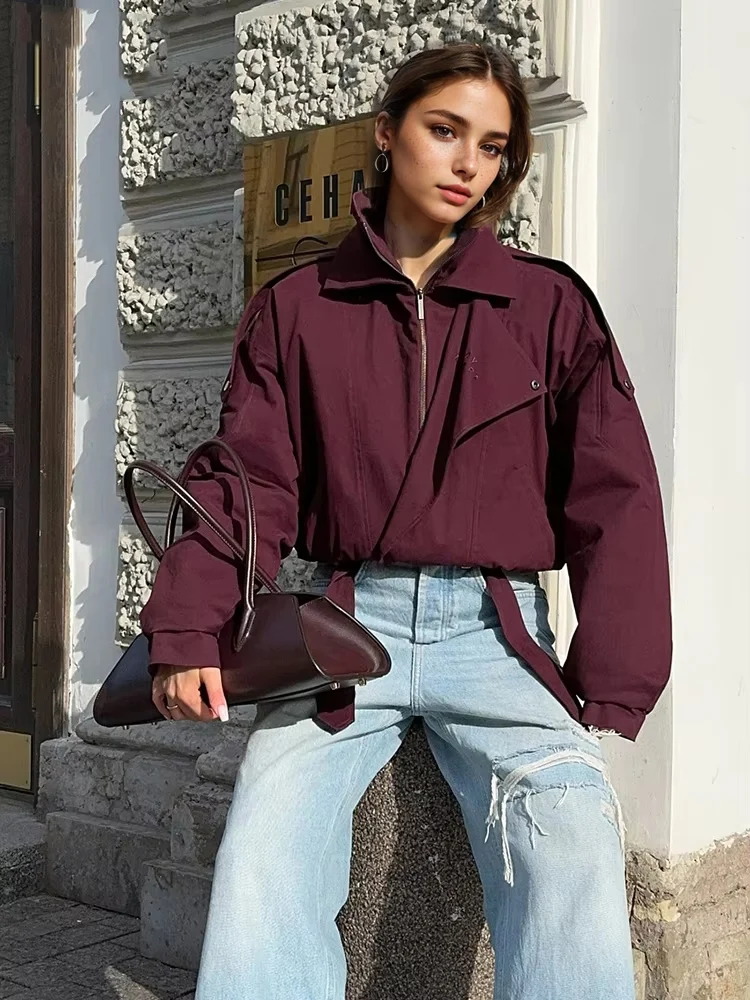 

Fashion Burgundy Bomber Jacket For Women 2025 New Autumn Casual Loose Stand Collar Button Zipper Long Sleeve Pocket Short Coat