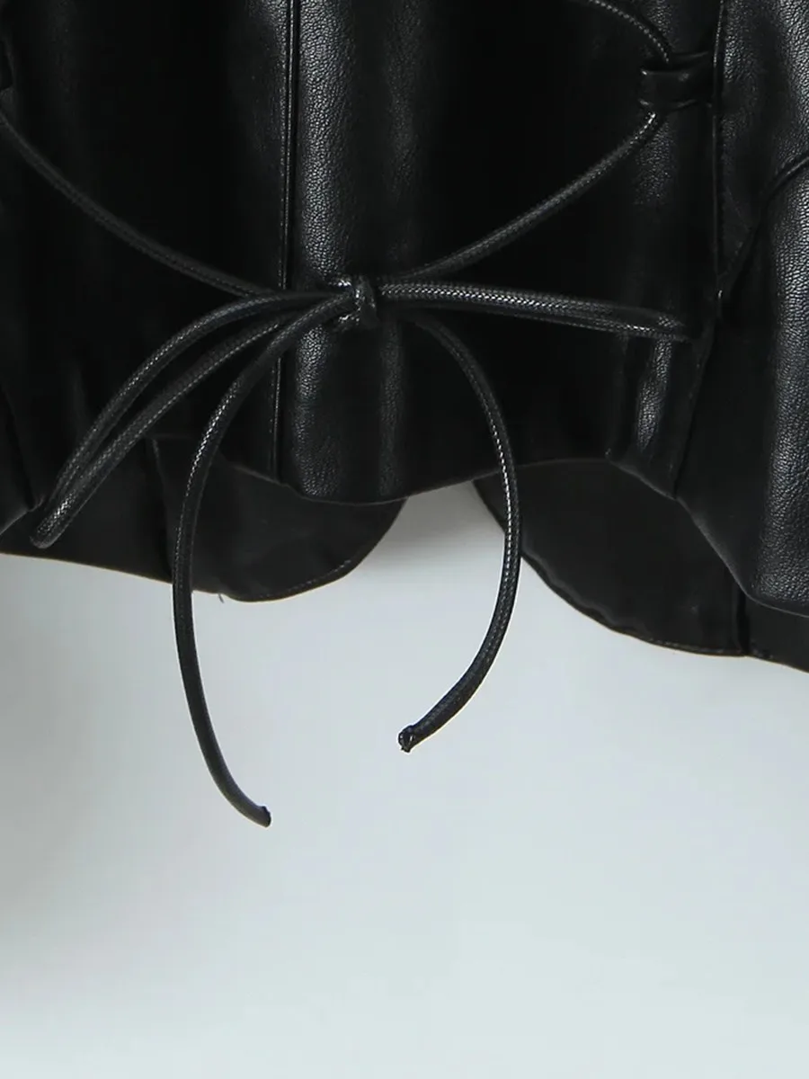 TWOTWINSTYLE سترات سهرة فاخرة للنساء بياقة من الفرو وأكمام طويلة نحيفة مقسمة مزدوجة الصدر معطف جلد PU أنثى جديد