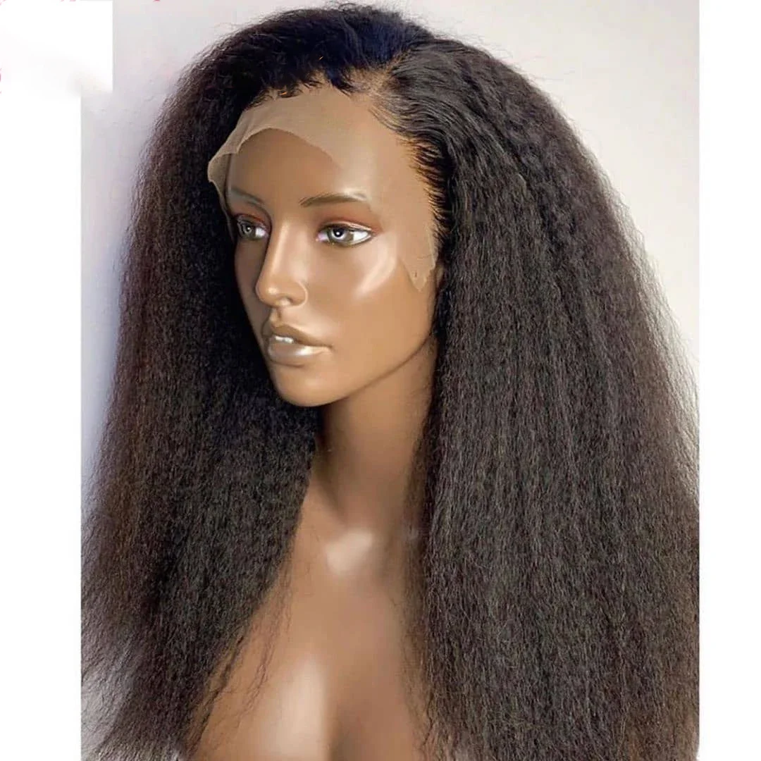 

180Density 26Inch Glueless Yaki Black Kinky Straight Soft Lace Front Wig For Women BabyHair Heat Resistant Preplucked Daily