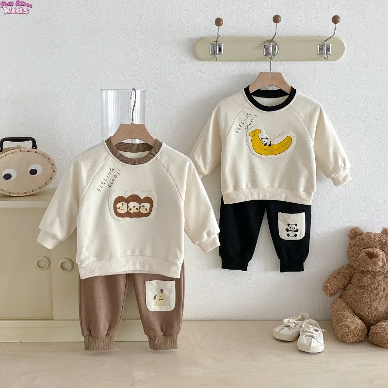 

Toddler Kids Girls 0-4Y Baby Boy Cotton Applique Sweatshirt and Pants Sets Cartoon Color Block Neckline Soft Casual Daily Outfit
