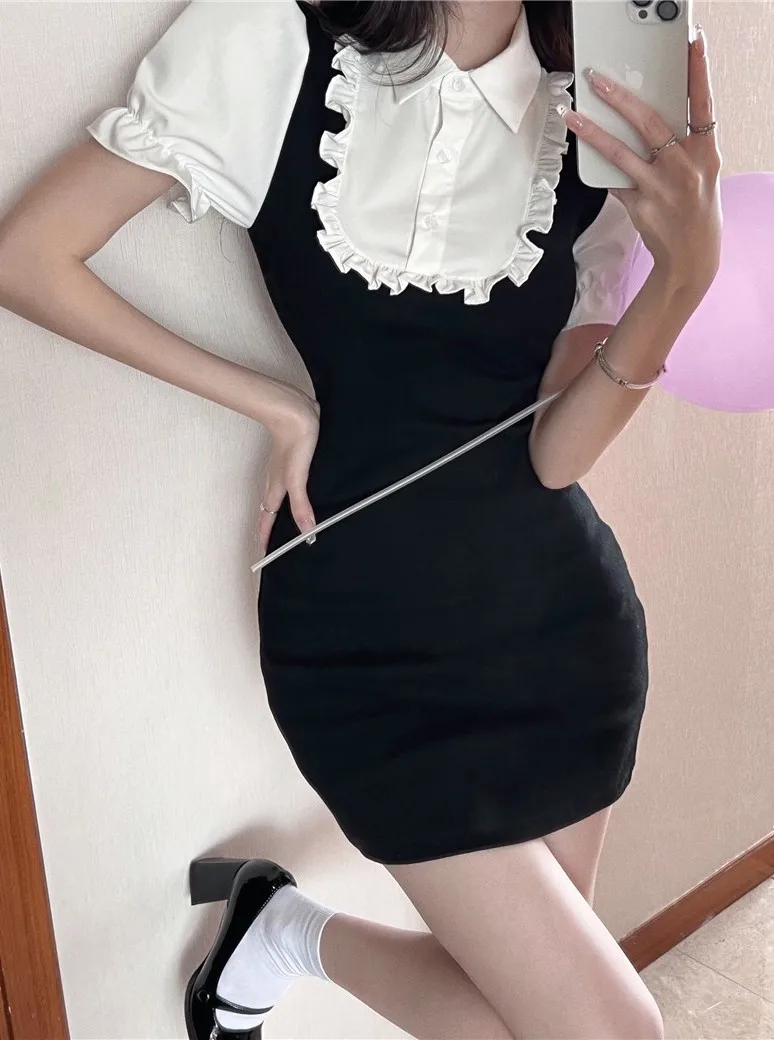 

Academy Style Spicy Girl Fake Two-piece Dress For Women's Summer Comfort New Bubble Sleeve POLO Collar Wrap Hip Skirt Short Z2IT