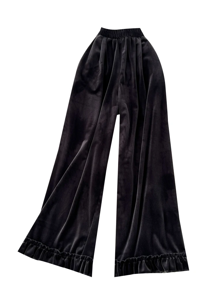 Pantalon décontracté en velours taille haute pour femmes, jambes larges, mode printemps été, épissage de pampilles, taille élastique, coupe ample, pantalon droit