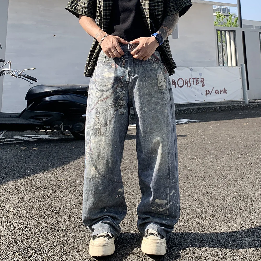 

Новые летние и весенние уникальные свободные джинсы-брюки из денима для мужчин, модные, уличные, брендовые