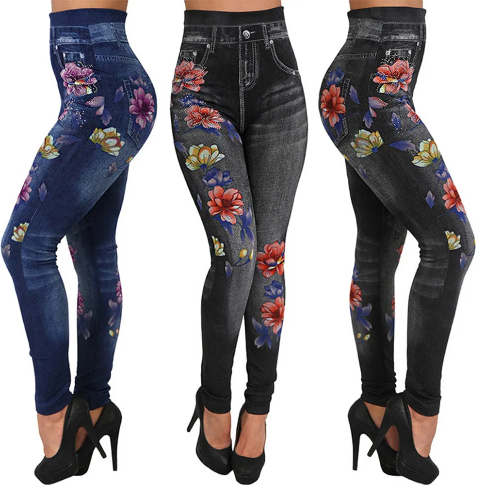 Leggings ajustados de punto para mujer, pantalones vaqueros de imitación, sin costuras, a la moda