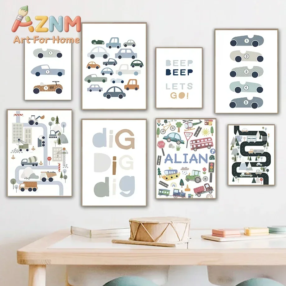 Tractor Truck Excavator Bulldozer Car Bus Name Custom Wall Art Canvas Painting Posters And Prints Wall Pictures Kids Room Decor