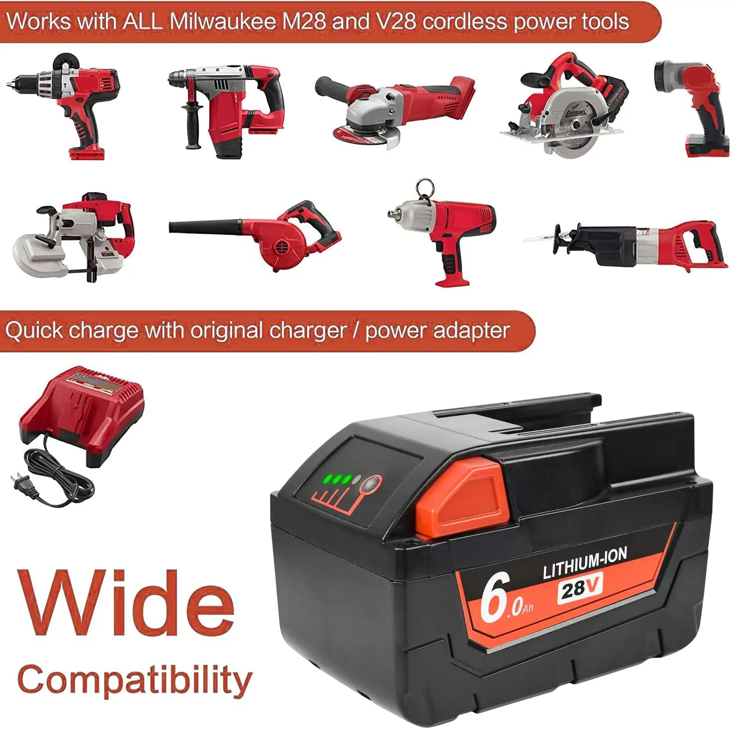 Dla MILWAUKEE M28 V28 bateria litowa 28 V 48-11-2830 48-59-2819 V28B M28BX 6000mAh