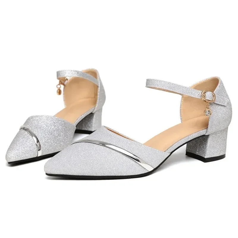 2024 New Women Low Heels Shoes Women\'s Sandals Glitter Silver Pointed Toe Buckle Party  For Sandalias