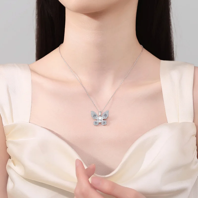 HAIMAITONG PT950 البلاتين عبر الحدود رائجة البيع ، قلادة مويسانيتي قلادة لؤلؤ المياه العذبة الطبيعية قسط قلادة على شكل فراشة