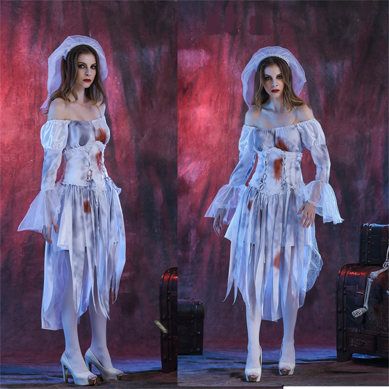 Halloween Corpse Bride Scary Adult Female Costume Bloody Walking Dead Zombie Cosplay Game Carnival Role Play Party Dress