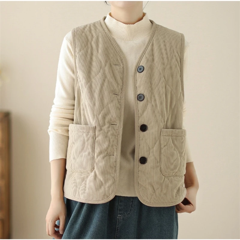

Corduroy Vest Coat 2025 New Women Loose Autumn Winter Wear Big Pockets V-neck Single Breasted Thick Velvet Padded Vest Jackets