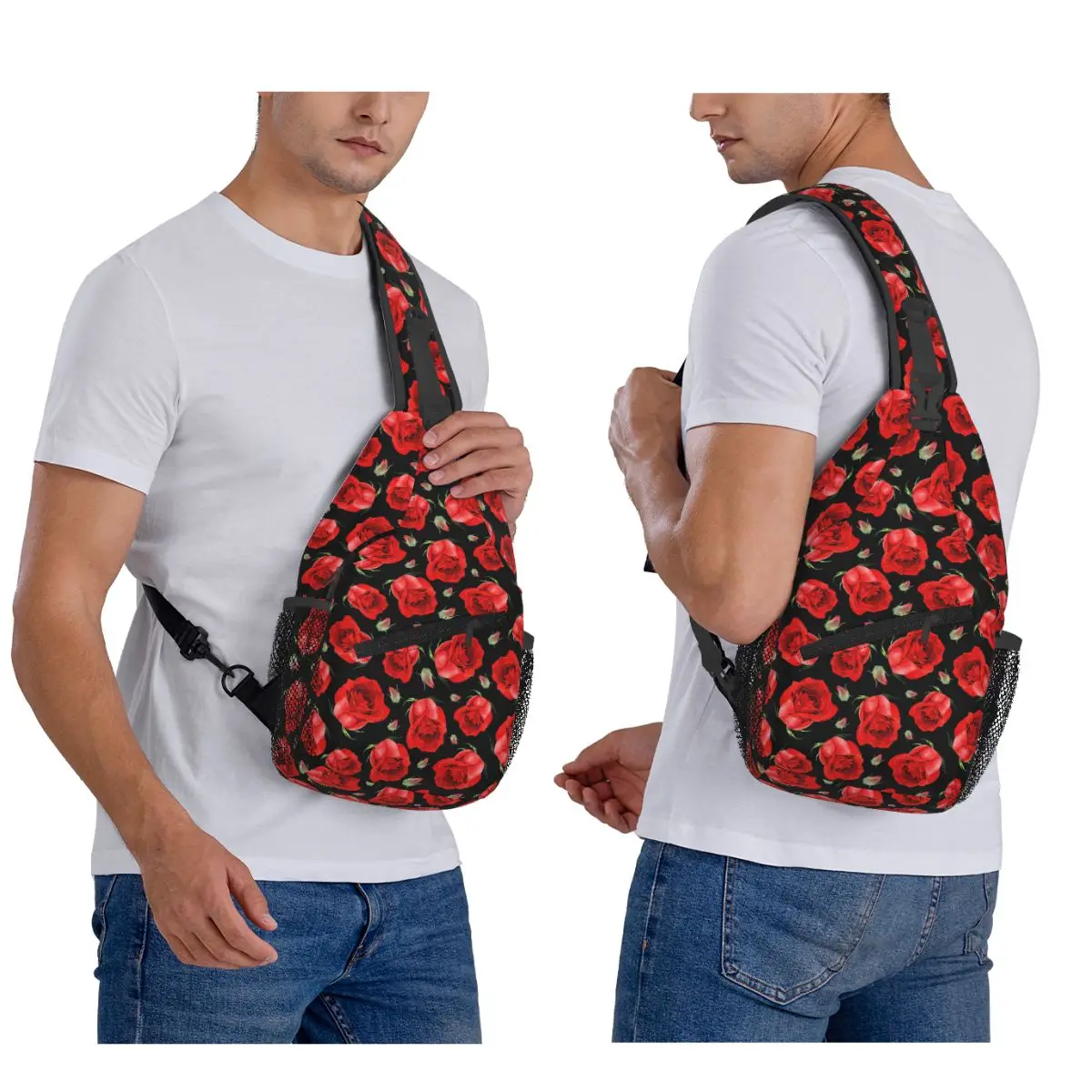 

Red Roses Floral Pattern Chest Bag Men Sling Crossbody Backpack Chest Bag Traveling Hiking Daypack Shoulder Bag