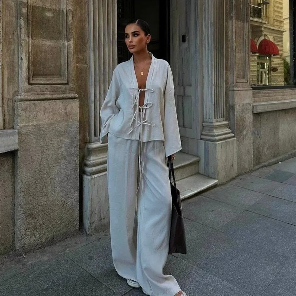 PB&ZA2024 Autumn New Women\'s Fashion Style Casual Loose and Versatile Solid Color V-neck Shirt Straight Leg Pants Set