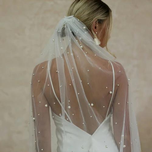 Imagen 2 del producto Velos de novia de perlas, velo de novia suave de 1 nivel, accesorios de boda con cuentas, velo de longitud de catedral de 3M para novia, marfil con peine G176