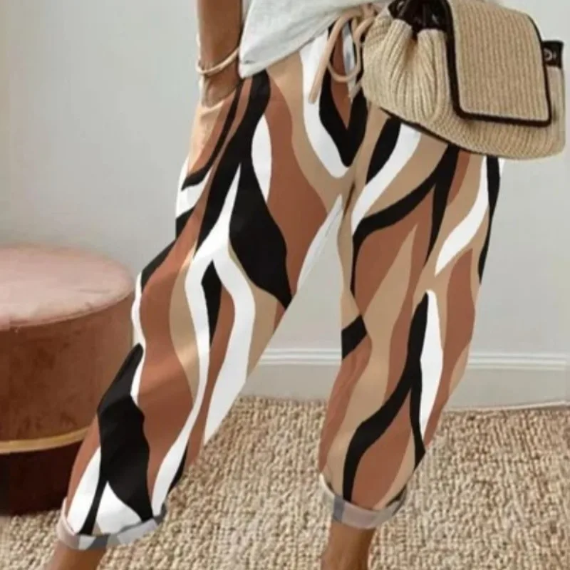 Women\'s Summer Pants Straight Trousers Summer Fashion Printing Pocket Lace Up Casual Elastic Waist Jogger Pants Female Clothes