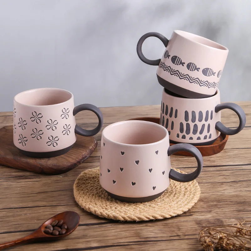Unterglasur handbemaltes Keramik-Tassen-Set, grobe Keramik, niedliches Muster, große Kaffeetasse für Paare, passendes Paar, Geschenk