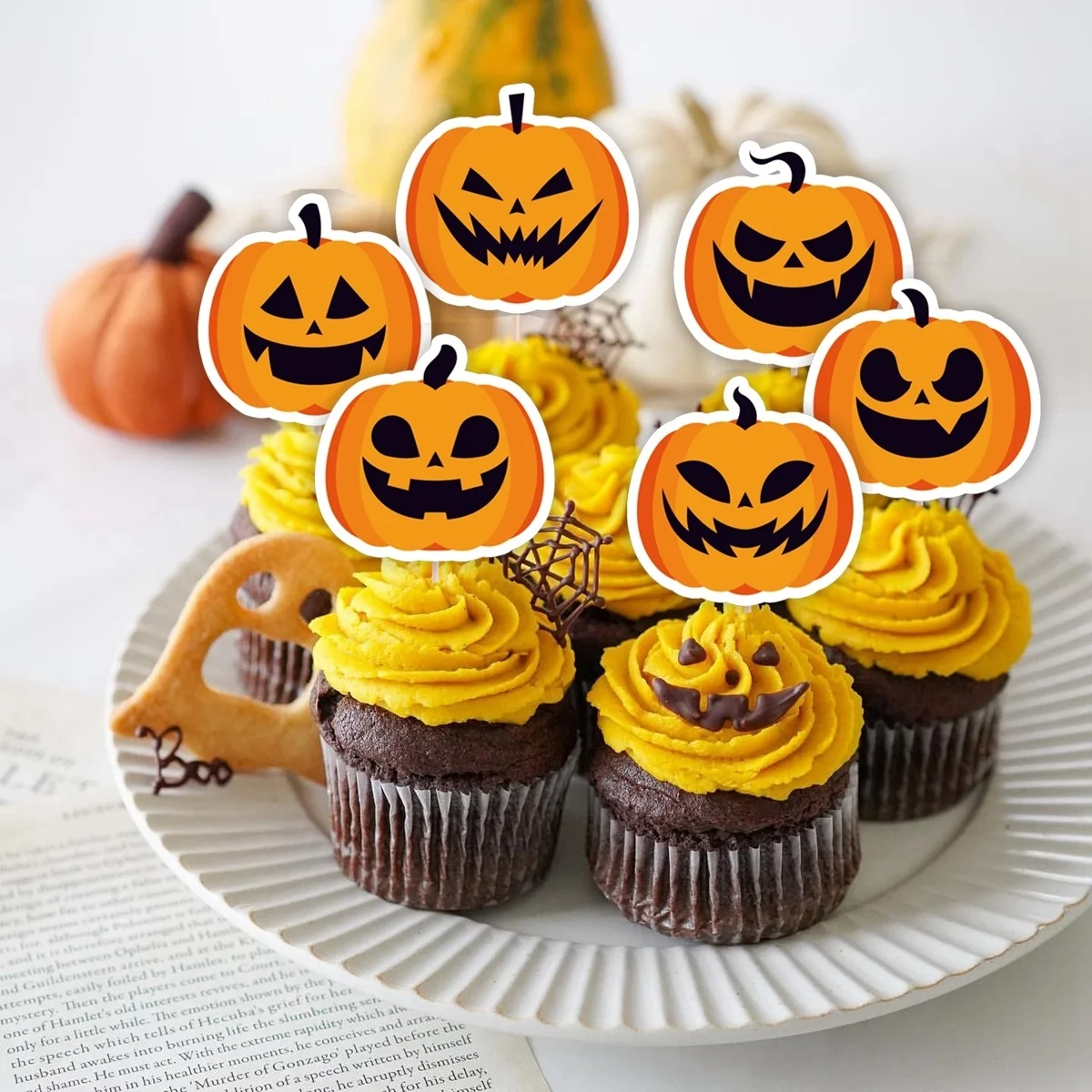 Topper per torte di Halloween da 18 pezzi Topper per Cupcake di zucca in cartone per decorazioni per torte per feste di Halloween dolcetto o