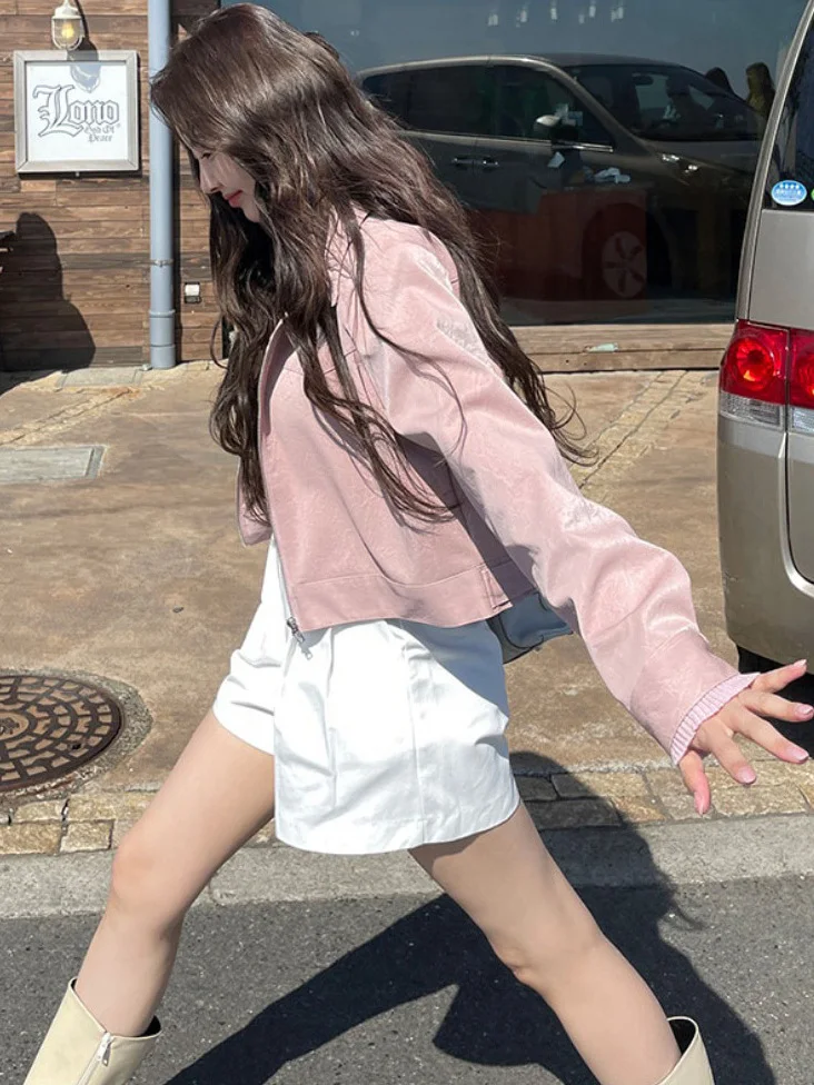 Sweet American Sle Pink Long Sve Rits Jaet ort Bovenkleding Dames Nieuwe Lente High-End Klein Formaat Leer Jaet