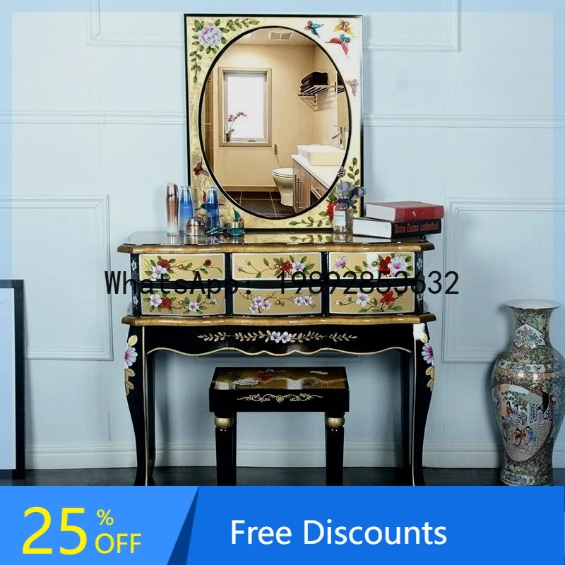 

CZ Gold Foil Dressing Table Bedroom Solid Wood Painted Retro Internet Celebrity Korean Style Makeup Table Storage Cabinet