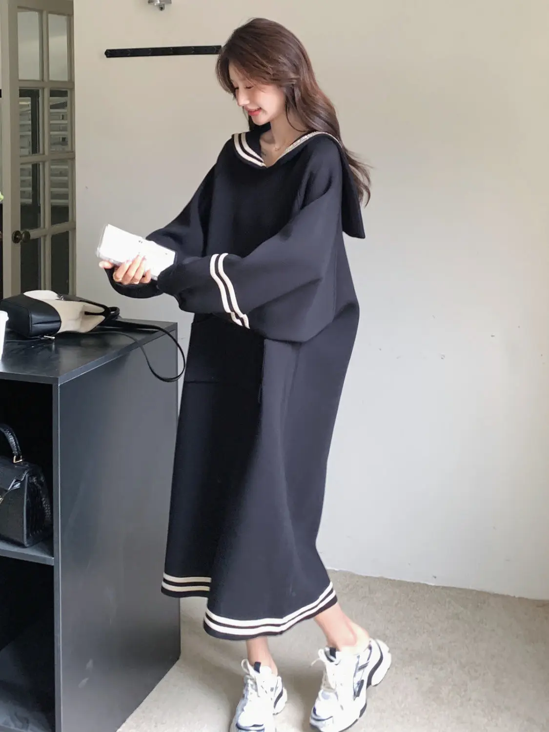 Korejpaa Preppy Style Navy Collar Dresses Women 2024 Autumn Clothes Korean Fashion Slimming Casual Striped Long Sleeve Vestidos