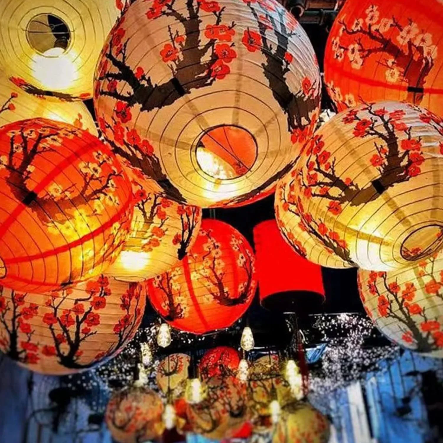 10 Cherry Flowers Paper Lanterns, 12 inch Blossom Lantern 5 Red + 5 White for Restaurant Home Wedding Party Decoration