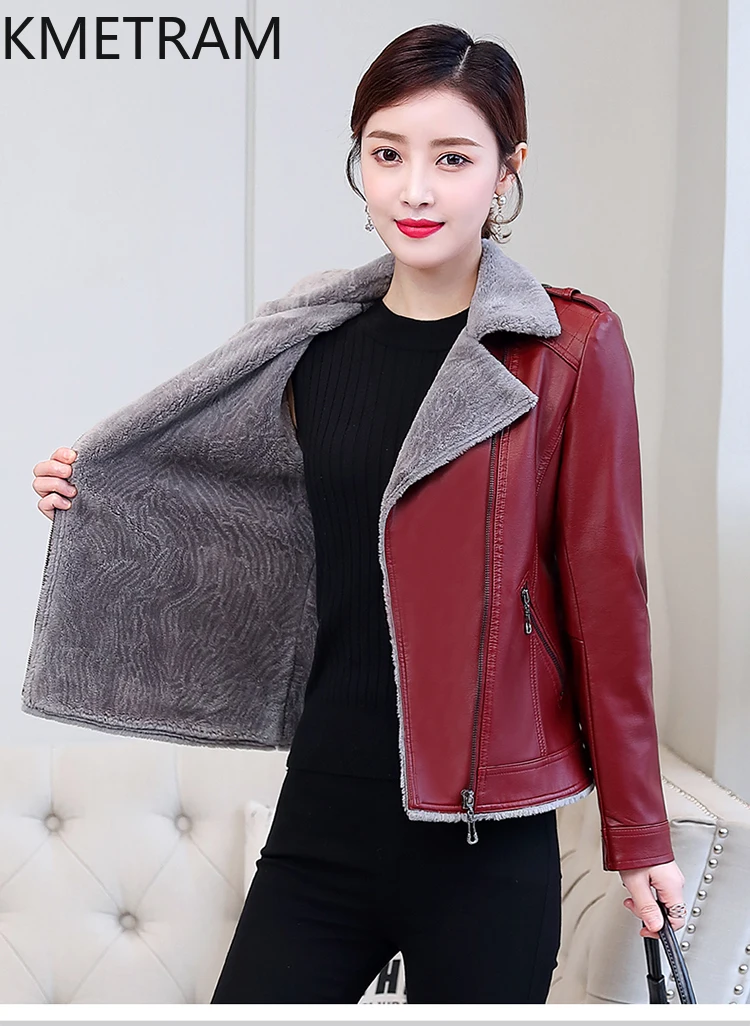 KMETRAM Real Leather Jacket for Women Natural Sheepskin Fur Motocycle Coats Thickened Plush Short Women\'s Jackets Autumn Winter