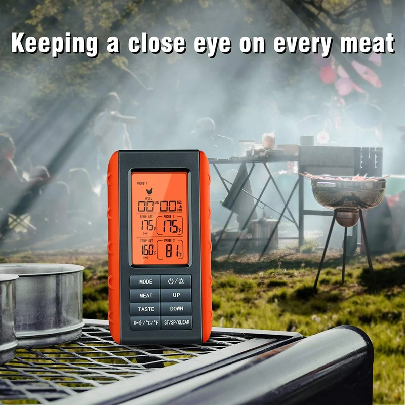 BBQ Dual Probe Temperature Monitor 490Ft Wireless Connection ABS+TPE For Outdoor BBQ